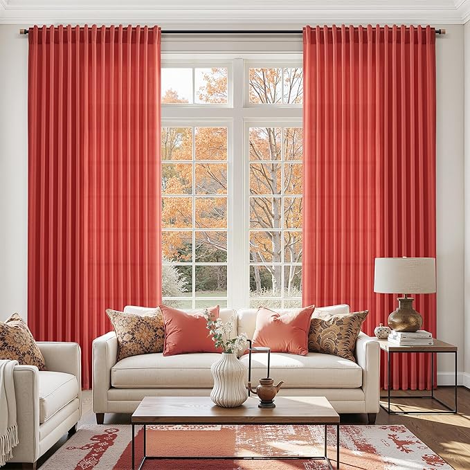 Nanspring Christmas Red Linen Curtains 96 Inches Long for Living Room Light Filtering Semi Sheer Curtain Back Tab Rod Pocket Vintage Rustic Luxury Home Decor Neutral Drapes for Bedroom 52x96, 2 Panels