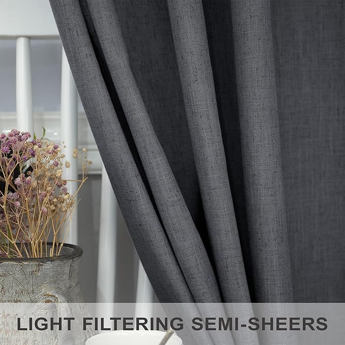 Grey Curtains for Living Room 96 Inches Long 2 Panels Back Tab Light Filtering Linen Semi Sheer Modern Farmhouse 8ft Curtain Drapes for Bedroom Home Office Ceiling to Floor Length Charcoal Dark Gray