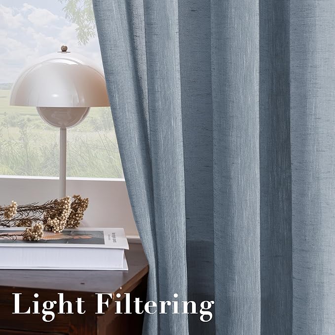 H.VERSAILTEX Linen Curtain Panel Flax Linen Blended Curtain Pair Extra Long 108" Long (2 Panels) with Eyelet Top Highly Durable Natural Linen Blend Soft Semi-Sheer Curtains for Living Room - Denim