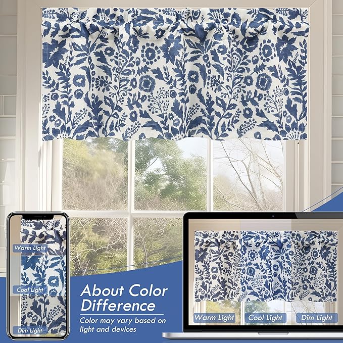 DriftAway Julia Watercolor Blooming Flower Floral Lined Thermal Insulated Window Curtain Valance Rod Pocket 52 Inch by 18 Inch Plus 2 Inch Header Linen Blend Navy 1 Pack