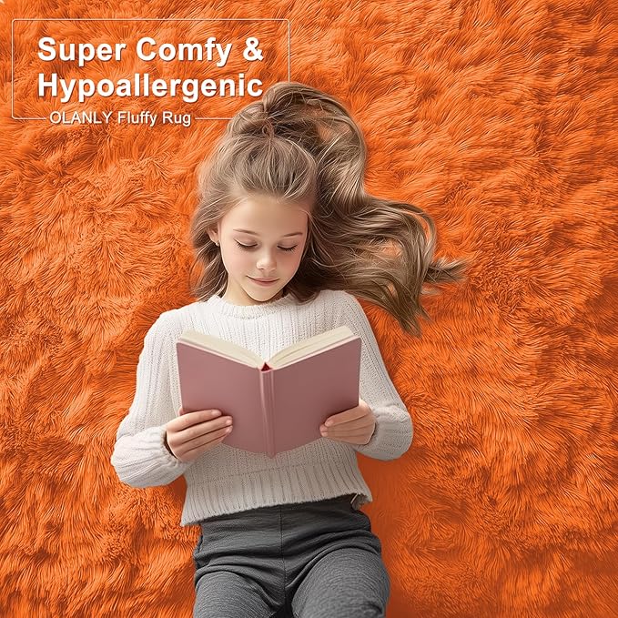 OLANLY 2x8 Machine Washable Runner Rugs for Hallway, Soft Fluffy Shaggy Bedside Rugs for Bedroom, Living Room, Indoor Floor Carpet for Kids Girls and Boys, Nursery Rooms, Home Decor Aesthetic, Orange