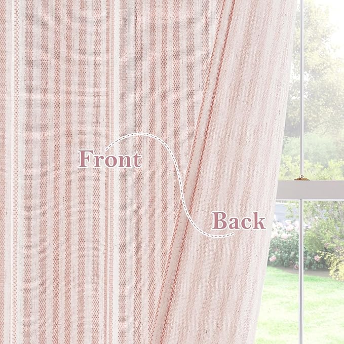 RYB HOME Cafe Striped Curtains for Kitchen Bathroom Small Window, Linen Pinstripe Drapes Valance 36 inch Length for Living Room Short Tier Boho Rustic Farmhouse, Pink, W26 x L36, 2 Panels