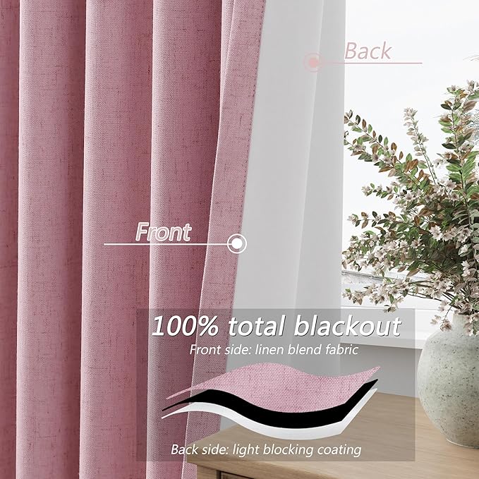 Guken 100% Blackout Curtains 102 Inch Length 2 Panels Set for Living Room Bedroom Back Tab Thermal Insulated Black Out Linen Drapes Room Darkening Rose,52x102