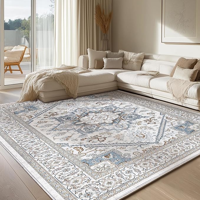 OPPODREAM Soft 10x14 Area Rugs, Neutral Washable Rugs 10x14 with Non Slip Backing, Low-Pile Faux Cashmere 10 x 14 Carpet, Cream White & Blue & Light Brown
