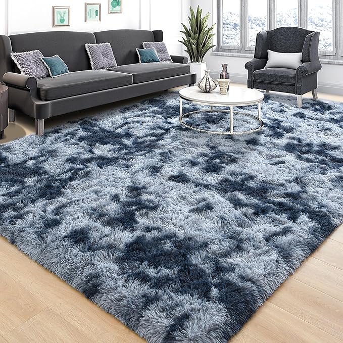 Tepook Area Rugs 9x12 for Living Room, Super Soft Fluffy Rugs for Bedroom, Modern Shaggy Rug Fuzzy Carpets for Kids, Plush Indoor Nursery Home Decor Rug with Non-Slip Bottom, Tie-Dyed Blue and Grey