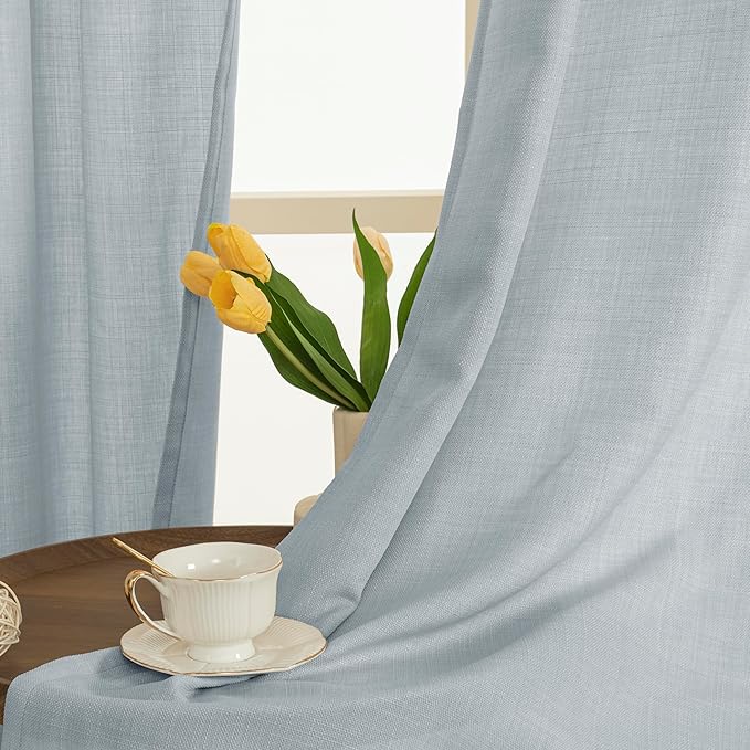 LAMIT Faux Linen Curtains for Bedroom, Grommet Thick Linen Drapes Light Filtering Privacy Sheer Window Curtains for Living Room, Set of 2 Panels (52 x 63 Inch, Haze Blue)