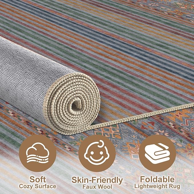 Nakagishi 9X12 Area Rugs Living Room: Washable Large Vintage Rug Neutral Non-Slip Soft Stain Resistant Indoor Carpet for Bedroom Nursery Dining Room Office Playroom - Multi Color