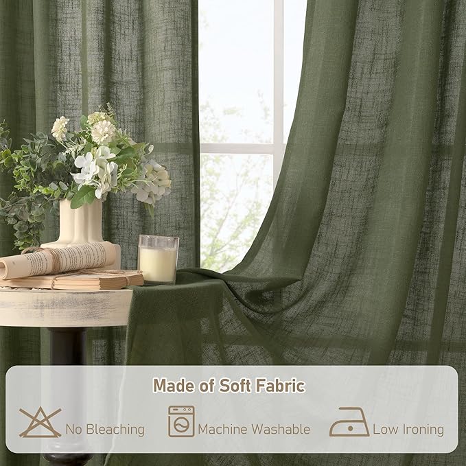 LAMIT Linen Semi Sheer Curtains 96 inches Long 2 Panels Set, Light Filtering Panels Back Tab and Rod Pocket Floor to Ceiling Curtains for Bedroom/Living Room, Olive Green, 52 x 96 Inch