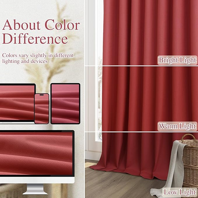 Guken Red 100% Blackout Linen Curtains 108 Inch Length 2 Panels Set for Living Room Bedroom Back Tab Thermal Insulated Black Out Drapes Room Darkening Farmhouse Window Curtains,52x108