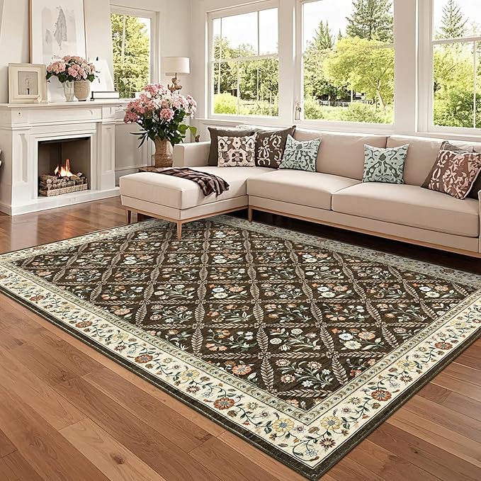 GarveeHome 8x10 Washable Large Living Room Rug Water Resistant Distressed Vintage Floral Non Slip Low Pile Soft Rug for Bedroom Farmhouse Dining Room Kids Playroom Nursery Brown Natural