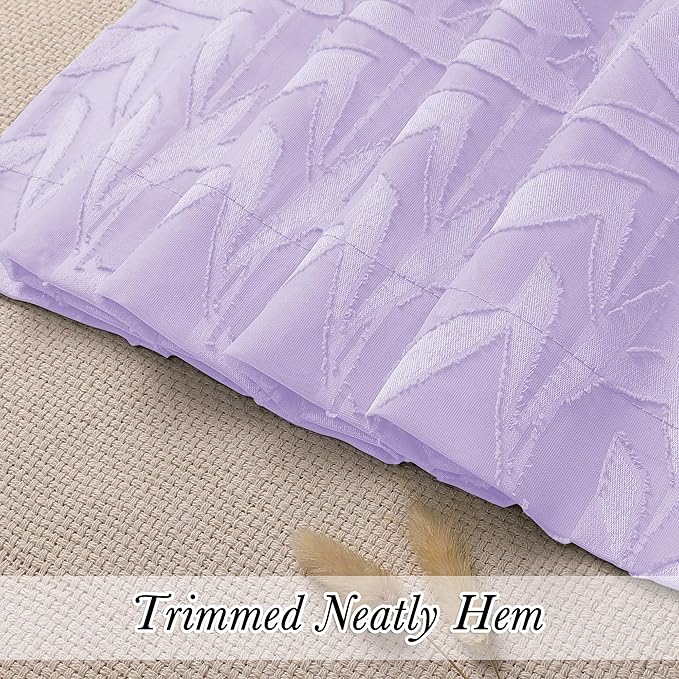 Lecloud Leia 2 PCS Light Purple Sheer Kitchen Curtains 36 Inch Length, Breathable Clip Textured Leaf Cafe Bedroom Voile Curtain Tiers, Dual Rod Pockets Jacquard Bathroom Bedroom Drapes, 38 W x 36 L