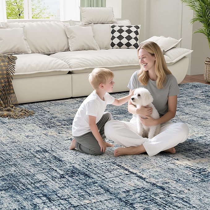 10x14 Area Rugs for Living Room Washable Rug: Anti-Skid Abstract Modern Living Room Rug Soft Thin Carpets Indoor Floor Non-Shedding Carpet for Bedroom Dining Farmhouse Nursery Home Office Blue Gold