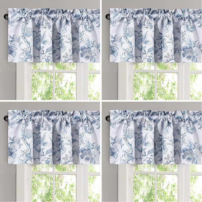 H.VERSAILTEX Blackout Curtain Valances for Kitchen Window/Living Room/Bathroom Privacy Added Rod Pocket Home Decoration Winow Valance, 52" W x 18" L, Floral in Storm Blue (Pack of 4)