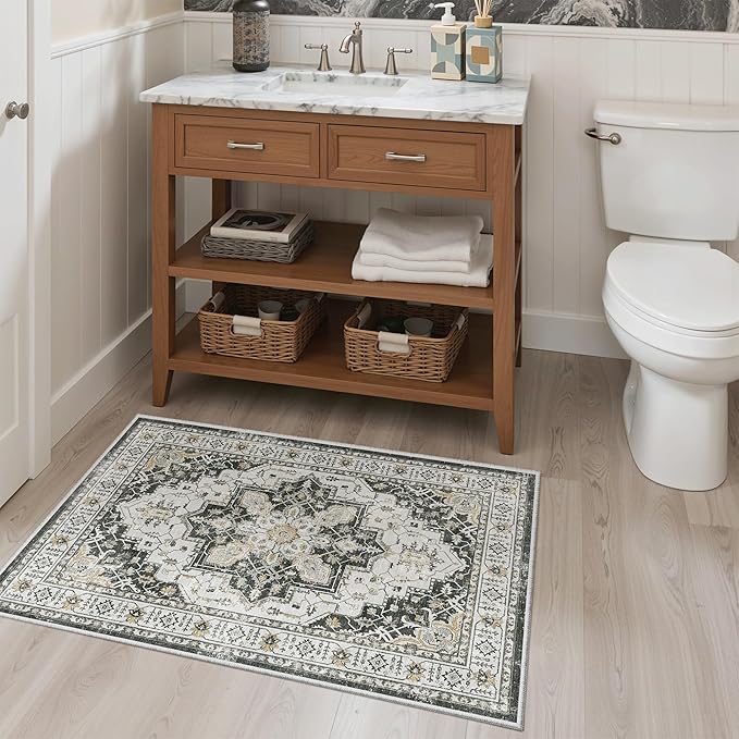 Madane Washable Area Rug 2x3, Small Entryway Rug Non-Slip Vintage Door Mat Indoor Entrance, Low Pile Floor Carpet for Inside Front Door Bedroom Kitchen Entry Laundry (2'x3', Black)