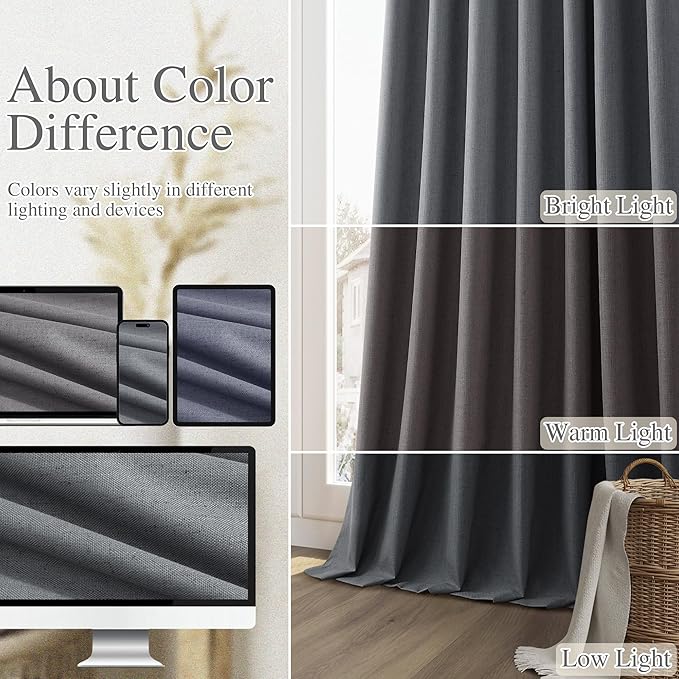 Guken Blazer Grey 100% Blackout Linen Curtains 120 Inch Length 2 Panels Set for Living Room Bedroom Back Tab/Rod Pocket Thermal Insulated Farmhouse Black Out Drapes Room Darkening,52x120