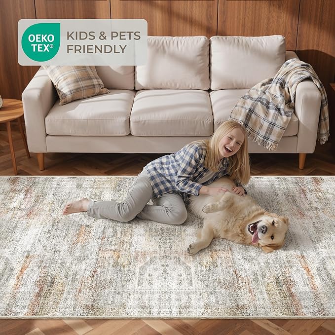2x3 Washable Rug Runner for Bathroom, Soft Entryway Rug for Laundry Room, Kitchen, Vintage Abstract Hallway Runner for Bedroom, Anti-Slip Door Mat Indoor Entrance(2'x3', Grey/Rust)