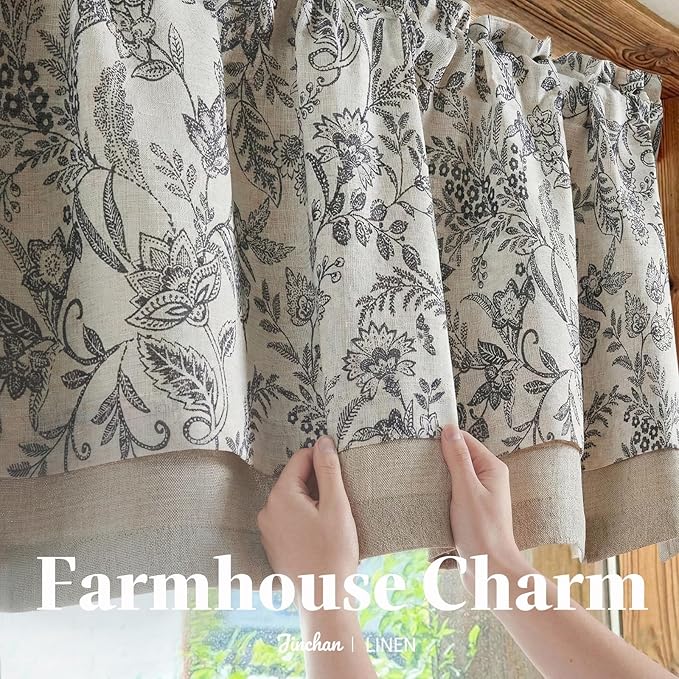 jinchan Linen Valance Curtain Farmhouse Floral Printed Small Window Curtain for Kitchen Rustic Light Filtering Valance for Living Room Bedroom Bathroom 16 Inch Rod Pocket 1 Panel Black on Beige