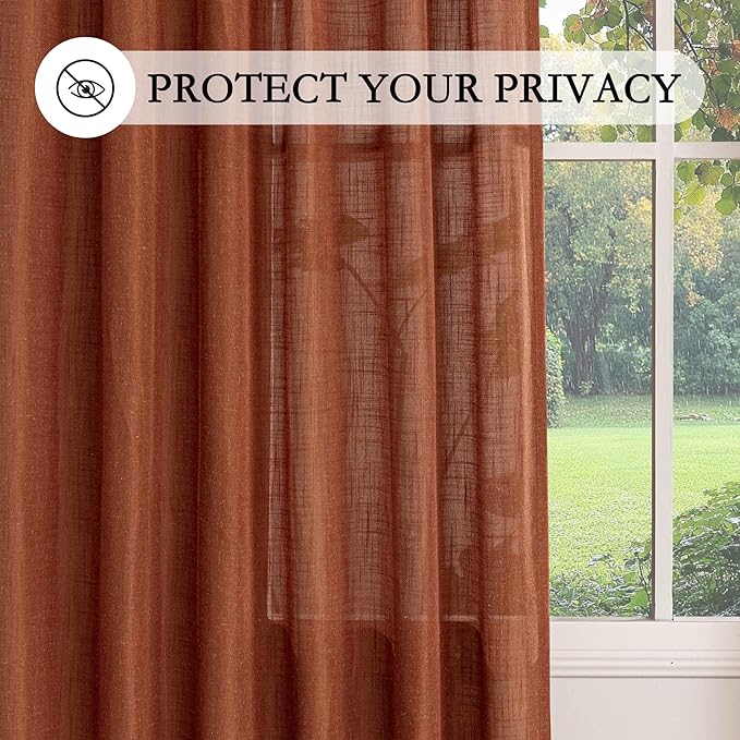 MYSKY HOME Sheer Linen Curtains 63 Inch Length for Bedroom, Light Filtering Privacy Drapes, Short Curtains for Small Window Back Tab Soft Touch Style Texture for Closet/Kitchen, Terracotta, 50"x63"