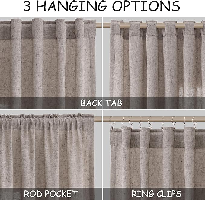 Brownish Grey Linen Curtains 120 Inch Extra Long for Living Room Back Tab Light Filtering Semi Sheer Drapes Modern Farmhouse Boho Cotton Textured Curtain for Floor to Ceiling High Window 52x120