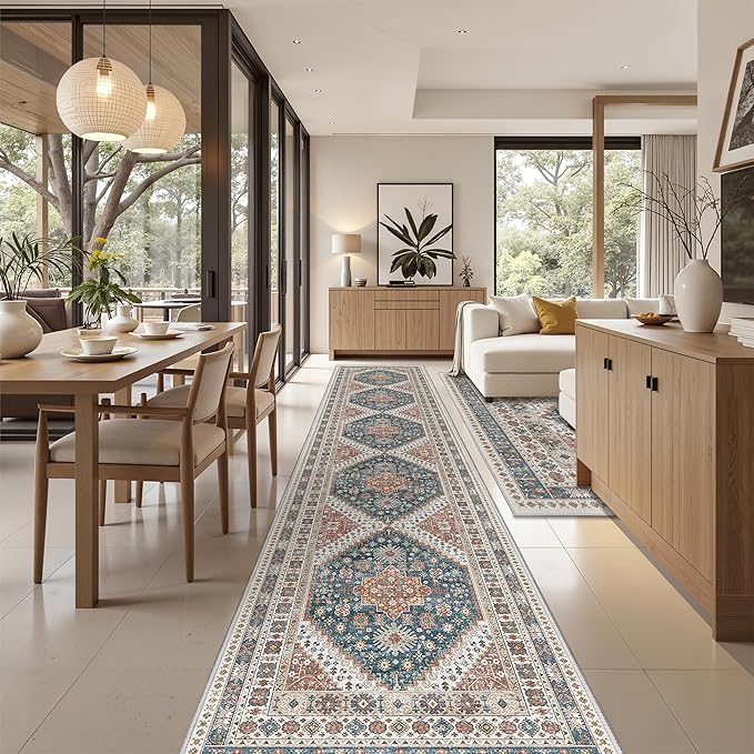 Washable Runner Rug 2.5x16, Non-Slip Long Kitchen Mats for Floor, Vintage Rug for Entryway, Soft Hallway Runner for Dining Room, Bedroom, Living Room(Blue/Red,2.5'x16')