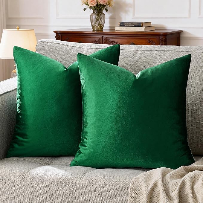 GIGIZAZA Decorative Throw Pillow Covers 26x26,Set of 2 Forest Green Square Couch Pillow Covers,Velvet Sofa Boho Cushion Pillows