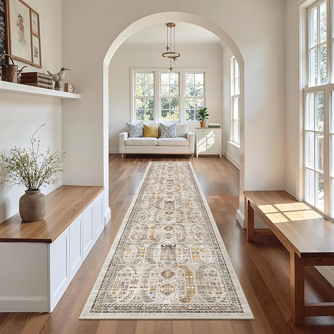 Madane Runner Rugs for Hallway 2x10 Long Washable Non-Slip Hallway Runner Rug Low-Pile Stair Kitchen Runner Throw Carpet for Entrance Living Dining Laundry Room (Brown/Gold, 2 x 10)