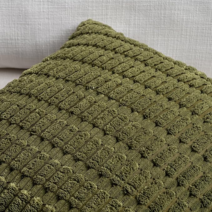 Fancy Homi 4 Packs Boho Moss Green Decorative Throw Pillow Covers 24x24 Inch for Couch Bed Sofa, Rustic Modern Farmhouse Home Decor, Soft Plush Corduroy Cute Square Cushion Case 60x60 cm