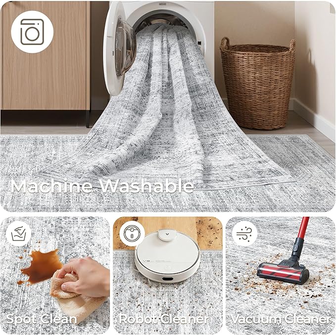 4x12 Runner Rug for Hallway, Low-Pile Wide Runner for Entryway, Long Washable Non-Slip Kitchen Rug, Soft Modern Home Decor Mat for Living, Laundry Room(4'x12', Grey/Ivory)