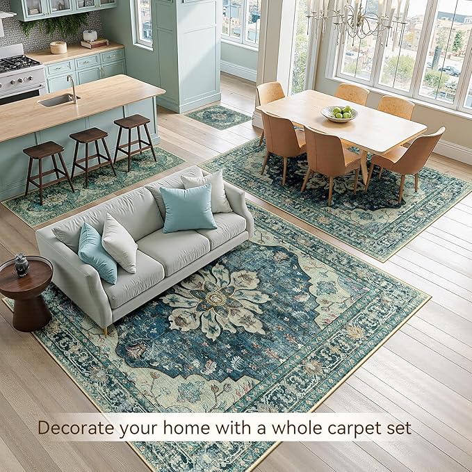 RELEANY Area Rugs 6'x8' Washable Non-Slip, Floral Vintage Distress Print Pattern Medallion Carpet for Living Room Bedroom Dining Room, Dark Blue Vintage