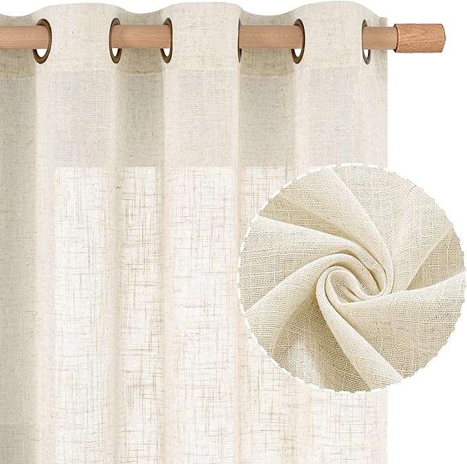 LAMIT Natural Ivory Linen Sheer Curtains 72 inches Long for Living Room, Soft Light Filtering Window Treatments Bronze Grommet Neutral Boho Drapes for Bedroom, 2 Panels Set, 52 x 72 Inch