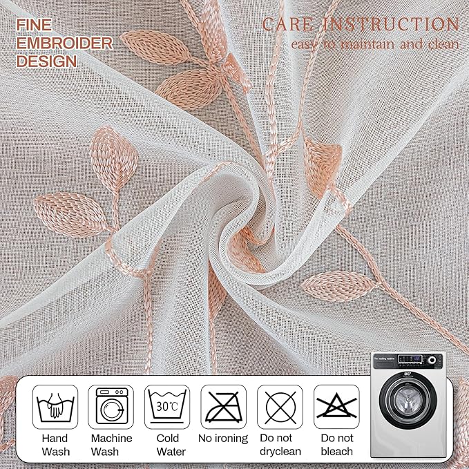 AmHoo 2 Panels Embroidered Leaf Pattern Semi Sheer Curtains Foliage Floral Voile Window Draperies Treatment for Bedroom Living Room Rod Pocket White Pink 53 x 95 Inch