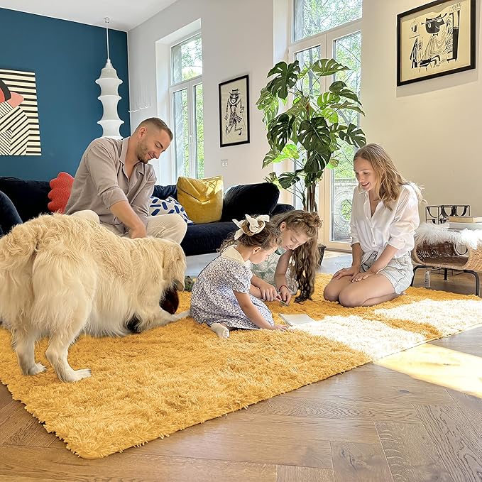 OLANLY 3x5 Machine Washable Small Bedside Rug, Soft Fluffy Shaggy Rugs for Living Room, Bedroom, Indoor Floor Carpet for Kids Girls and Boys, Preppy Dorms, Nursery, Home Decor, Mustard Yellow