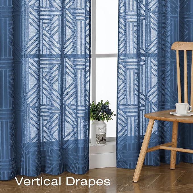 Simplebrand Dusty Blue Semi Sheer Curtains 84 Inches Long 2 Panels, Light Filtering Geometric Jacquard Clip Textured Sheer Curtains for Bedroom，Modern Elegant Window Curtains Drapes，42x84 inch