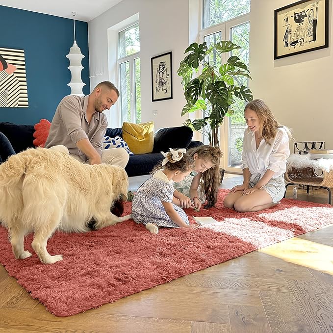 OLANLY 8x10 Machine Washable Large Area Rugs for Living Room, Bedroom, Soft Fluffy Shaggy Bedside Rug, Indoor Floor Carpet for Kids Girls and Boys, Dorms, Nursery, Home Decor Aesthetic, Rust Red