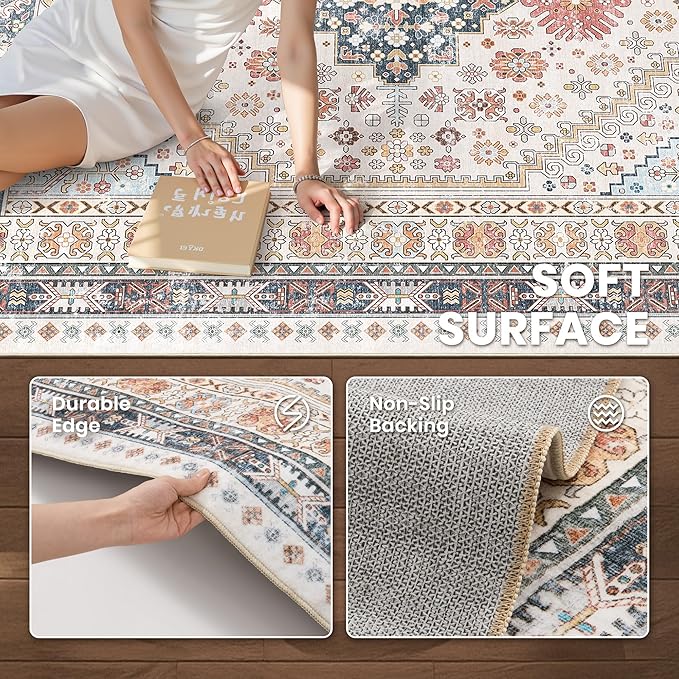 zesthome 5x8 Area Rugs for Living Room,Non-Slip Backing Washable Rugs,Vintage Large Area Rug，Stain Resistant Home Decor Rug (Multi,5'x8')