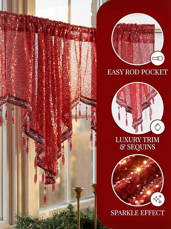 Molaxhome Swag Curtain 51 inch Length Rod Pocket Scalloped Curtain Valance Sheer Lace Panels with Hanging Crystal Beads for Kitchen Bedroom Window Treatments Drape Decor 1pc (Sequin Red, 51Wx23L)