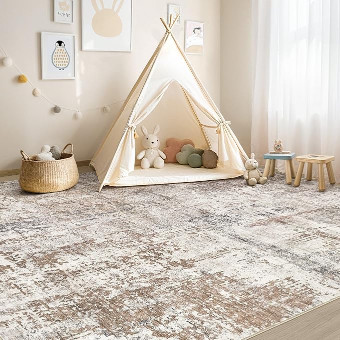 Area Rug Living Room Rugs - Washable Neutral Modern Abstract Soft Thin Rug Indoor Floor No Slip Rug Carpet for Bedroom Under Dining Table Home Office Decor - Brown/Grey/Red - 9x12