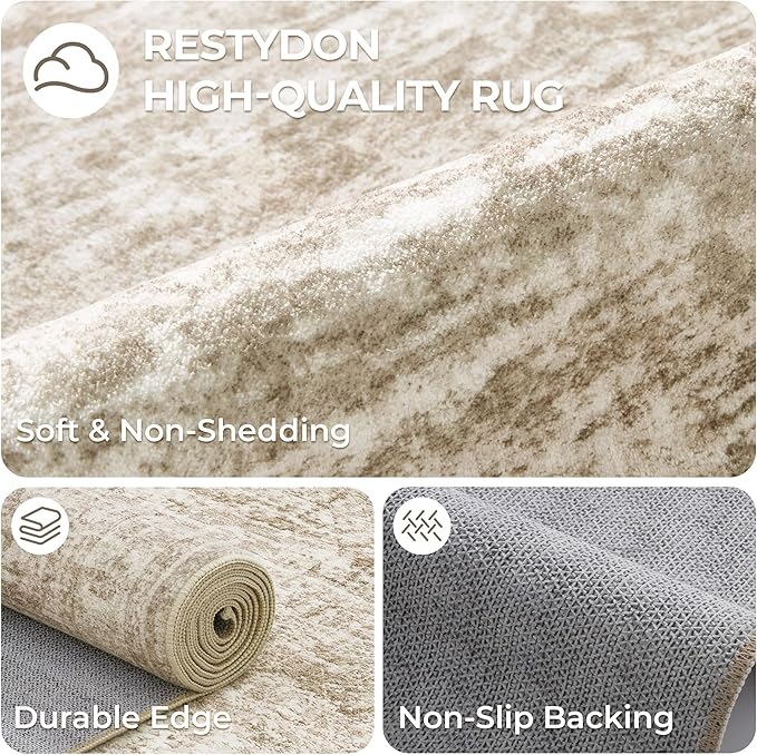 3x8 Runner Rug Non Slip Washable for Entryway, Vintage Hallway Runner for Front Porch, Laundry Room, Bedroom, Abstract Stain Resistant Thin Indoor Kitchen Mats for Floor(3'x8', Brown/Ivory)