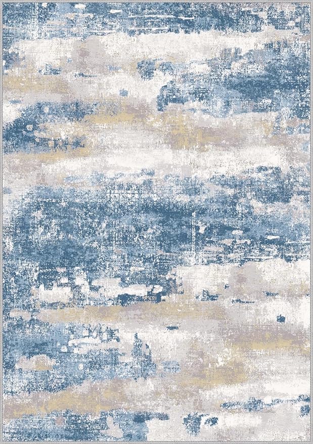 Area Rugs 6x9 for Living Room Bedroom, Modern Abstract Machine Washable Soft Blue Rug, Floor Carpet with Non Slip Backing for Dining Room