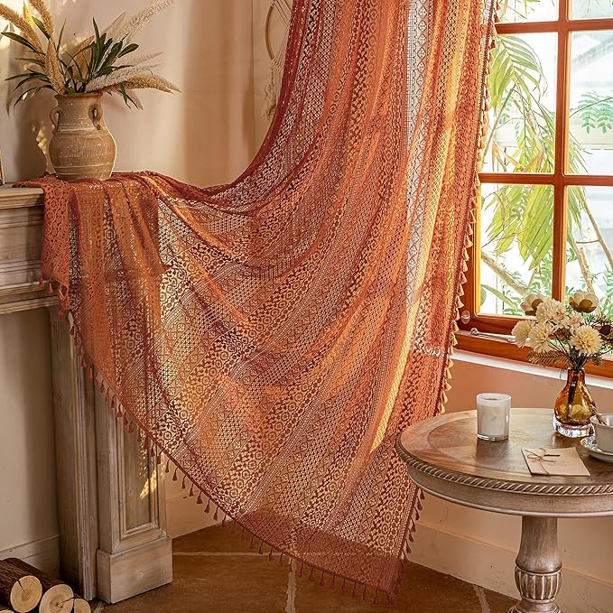WAZZIO Boho Lace Curtains 84 Inches 2 Panel,Light Filtering Privacy Tassel & Geometry Crochet Semi Sheer Curtain Drapes for Bedroom Living Dining Room,Rod Pocket & Tassel,Full Decor,Burnt Orange