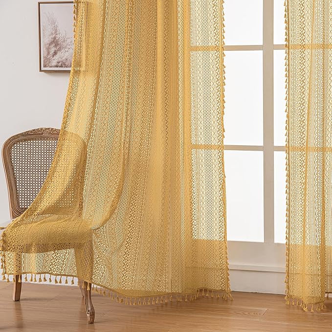 WAZZIO Boho Lace Curtains 108 Inches 2 Panel,Light Filtering Privacy Tassel & Geometry Crochet Semi Sheer Curtain Drapes for Bedroom Living Dining Room,Rod Pocket & Tassel,Mustard Yellow
