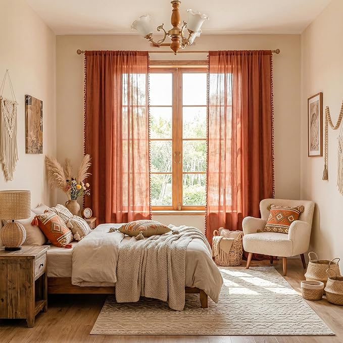 MYSKY HOME Door Curtains for Closet Doorways, 72 Inches Long Sheer Light Filtering Privacy Protect Bohemian Macrame Drapes for Living Room Bedroom, 50" x 72", Terracotta, 2 Pieces
