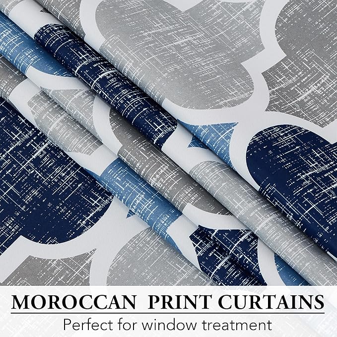 Beauoop 100% Blackout Curtains 63 Inches Long 2 Panels for Bedroom Living Room Blue Grey Moroccan Geo Room Darkening Thermal Insulated Soundproof Grommet Top Window Treatments Drapes, 50x63 Set of 2