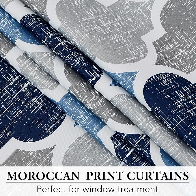 Beauoop 100% Blackout Curtains 96 Inches Long for Patio Sliding Door Blue Grey Extra Wide Moroccan Geo Room Darkening Thermal Soundproof Room Divider Grommet Window Treatment Drapes,100x96 Set of 1