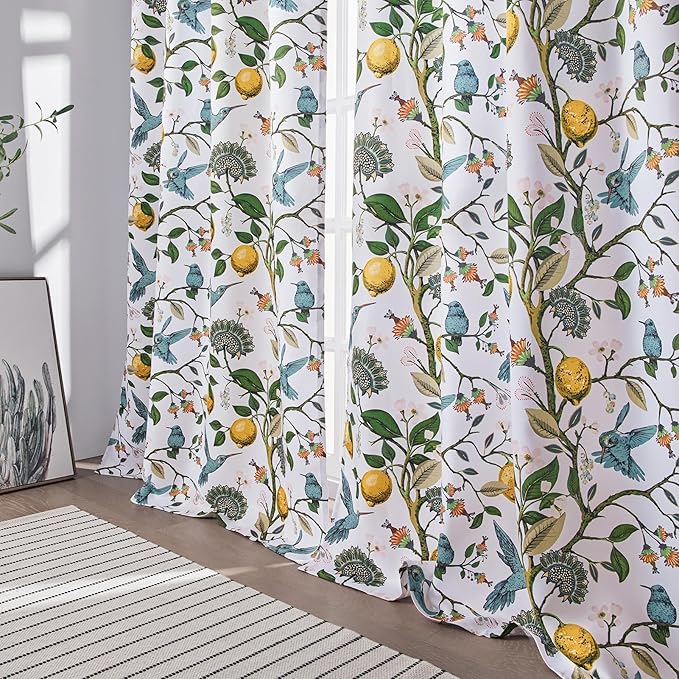 Topfinel Blue and White Winter Coquette Vintage Fancy Hummingbird Patterned Shabby Chic Farmhouse Room Darkening for Dining Room Living Room Bedroom,Floral Drapes 84 Inch Length Grandmillennial Decor