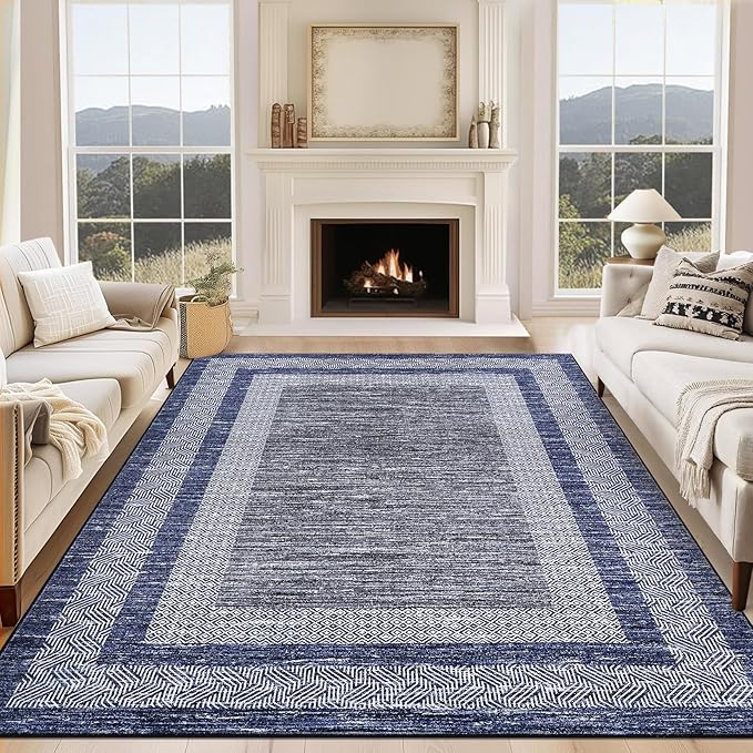 GarveeHome 10x13 Large Washable Geometric Area Rug Non Slip Non Shedding Floor Carpet, Modern Bordered Distressed Navy Blue Indoor Printed Rug for Living Room, Bedroom, Office