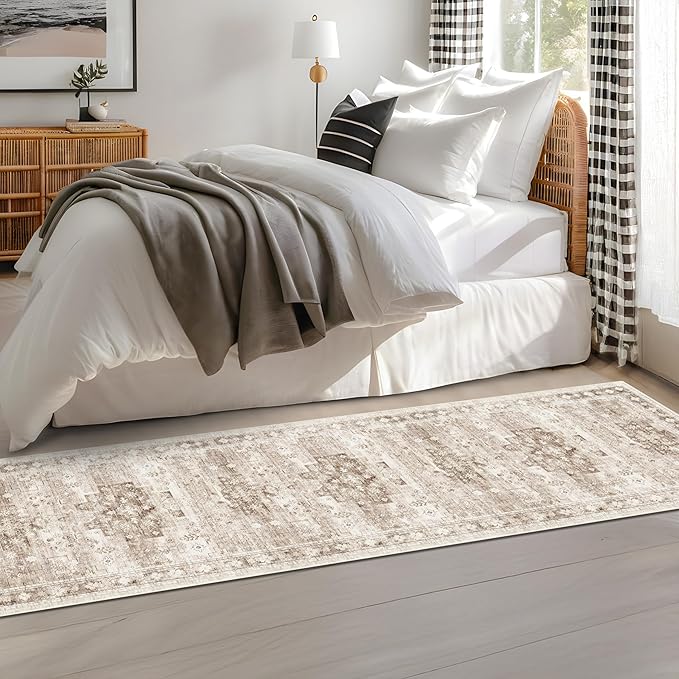 Boho 2x8 Long Runner Rugs for Hallway, Neutral Farmhouse Non Slip Runner for Kitchen, Entryway, Vintage Floral Decor Low-Pile Washable Stain Resistant Beige Latte Rug