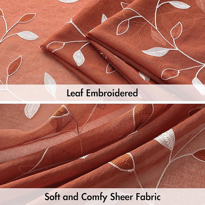 MIULEE Terracotta Sheer Curtains 2 Panels Embroidered Leaf Patterned burnt Orange Rod Pocket Floral Semi Faux Linen Fall Window Curtains Drapes Set for Living Room Bedroom Dining Room, 52x84 Inch Long