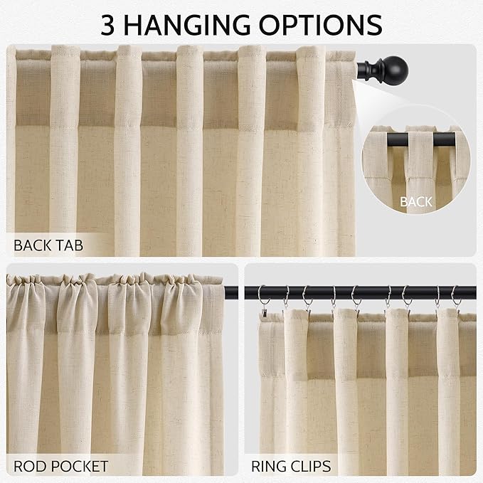 Tan Linen Curtains 90 Inch for Living Room Rod Pocket Back Tab Window Drapes Light Filtering Vintage Style Modern Farmhouse Curtain for Dining Room Bedroom 52x90,2 Panels
