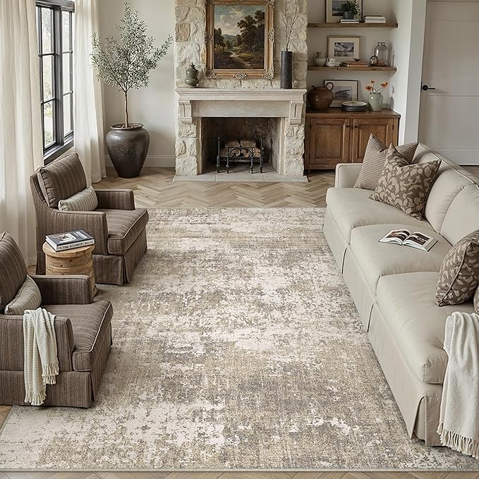 PureCozy Beige Area Rug 6x9 Machine Washable Modern Abstract Living Room Carpet Non Slip Neutral Low Pile Soft Non Shedding Bedroom Contemporary Large Rug Indoor Office Dining Room Playroom